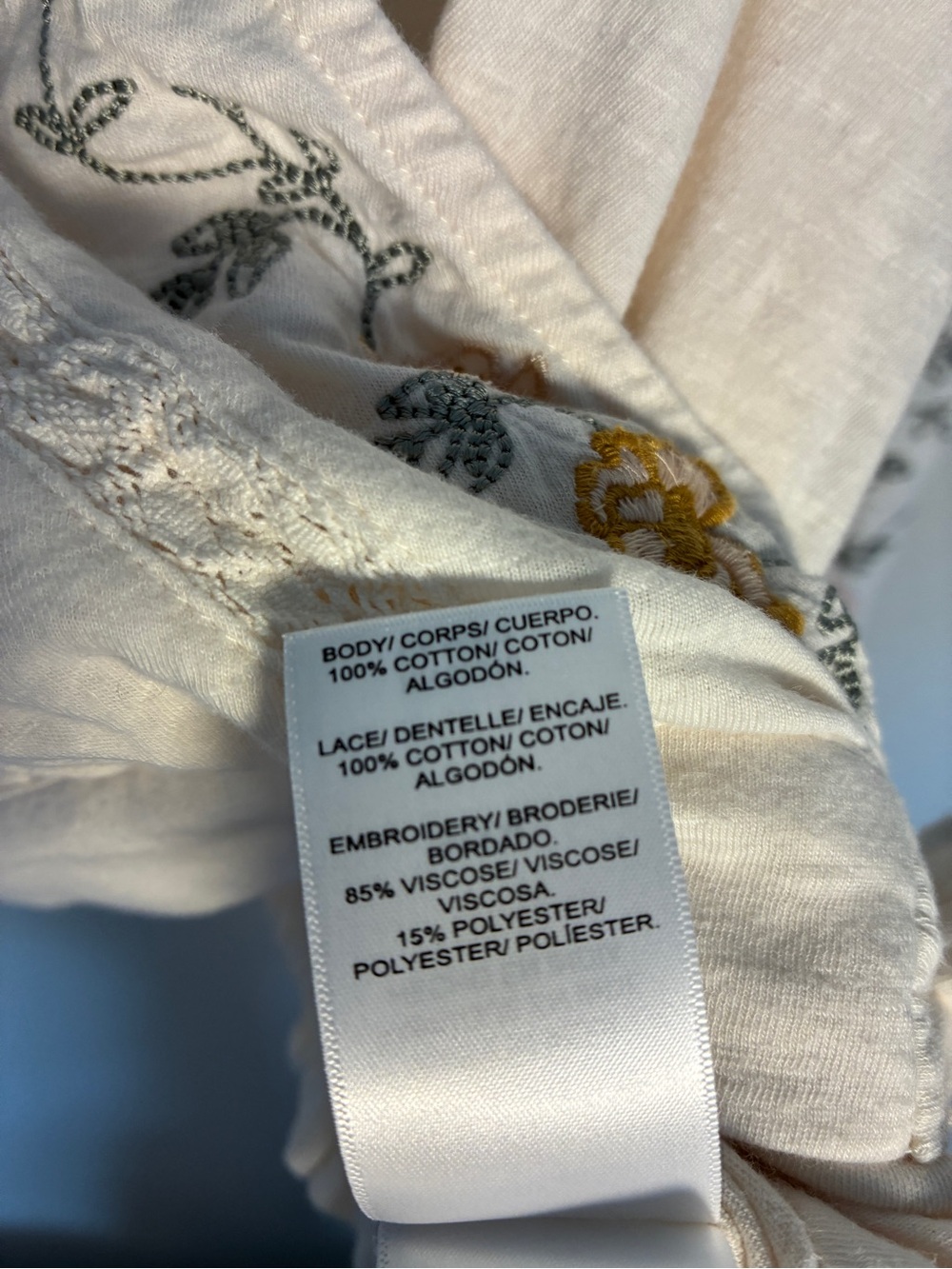 Lucky Brand 100% Cotton Cream Embroidered Floral Pink Orange Green Wrap Top Boho - Picture 4 of 9